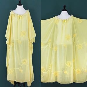 Vintage Yellow Caftan nightgown Large - XL embroidery flowers sheer house dress